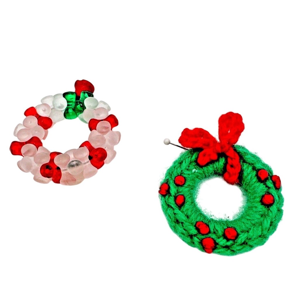 Vtg Handmade Christmas Wreath Brooch Pin Set Holiday Tree Decoration Ornaments